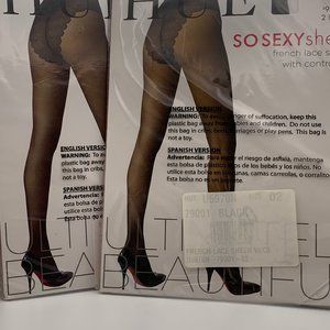2 Pair Hue So Sexy Sheer French Lace Sheers w/Control Top Pantyhose size 2 BLACK